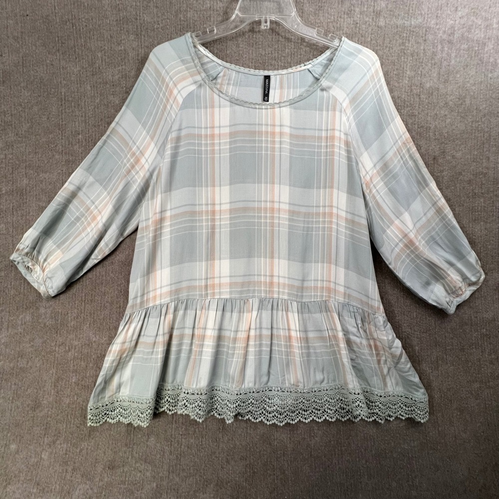 Massini Womens 1X Plaid 3/4 Sleeve Lace Trim Peplum Ruffle Blouse Shirt